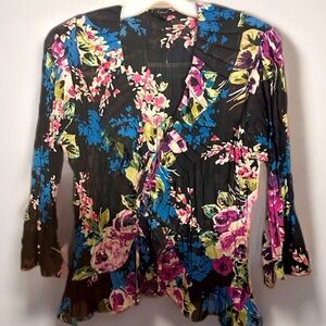 Nue Options Women’s Pleated Print 3/4 Sleeve Open Front Dress Casual Top Size M